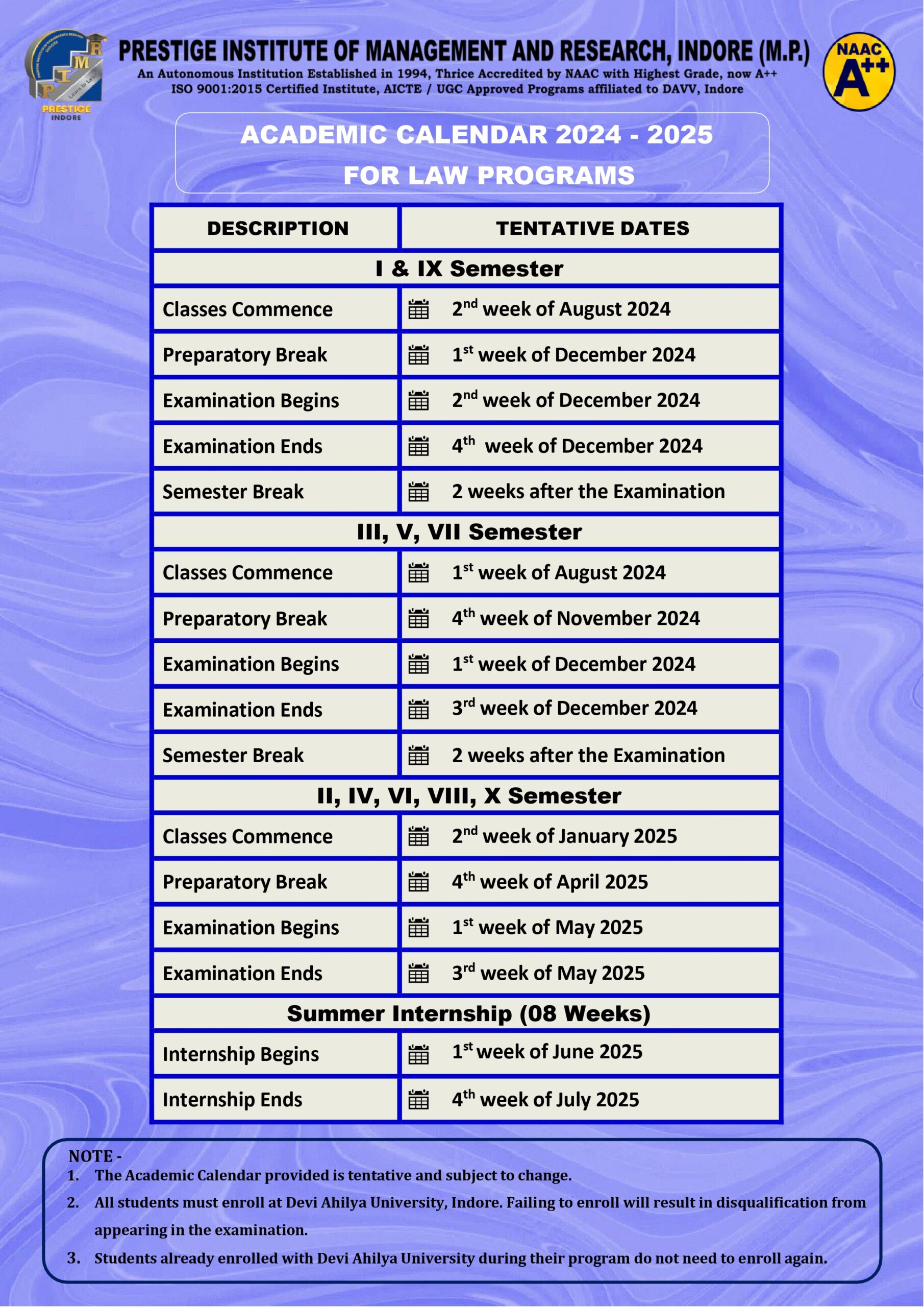 Law Academic Calendar Prestige Institute of Management and Research